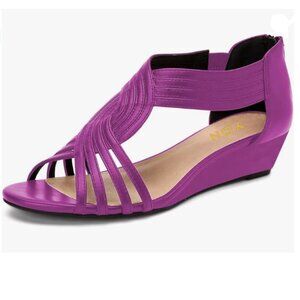 YDN Purple Wedge Open Toe Rhinestones Cross Over Straps Back Zippper Sandals